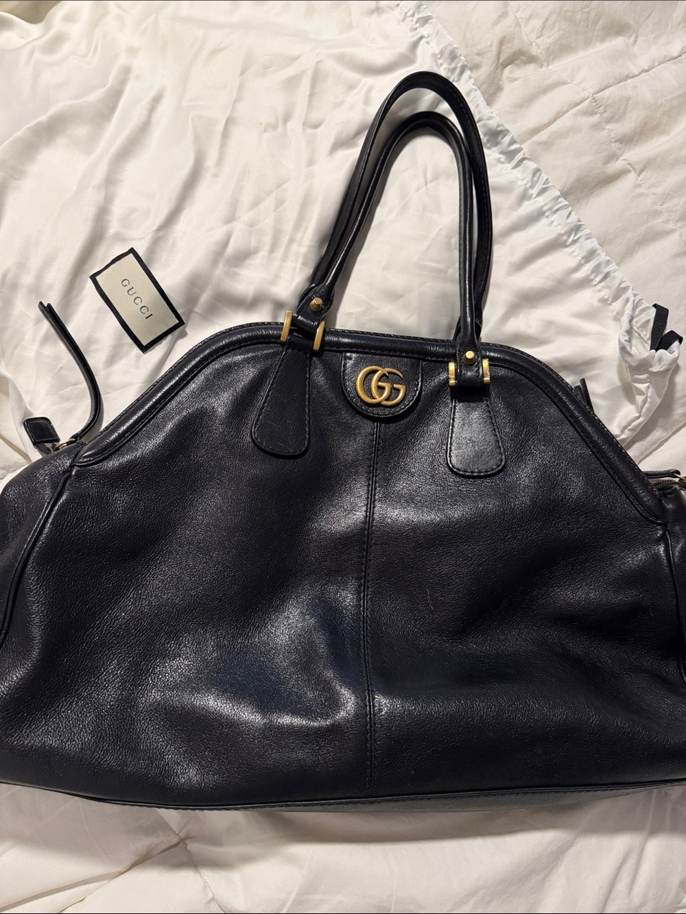 Gucci RE(Belle) Large Black Leather Tote with Gold GG Hardware